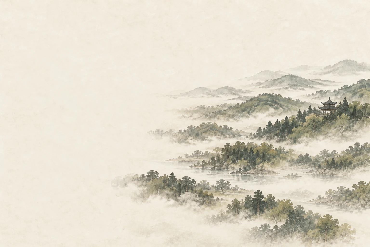 An artistic ink-wash impression of Maoshan, with misty hills and a quiet river